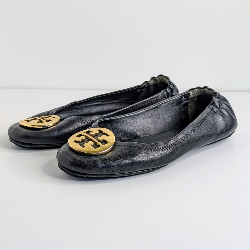 Tory Burch Minnie Travel Flats 8 Black Leather Gold Logo Ballet Designer GUC - Picture 14 of 14